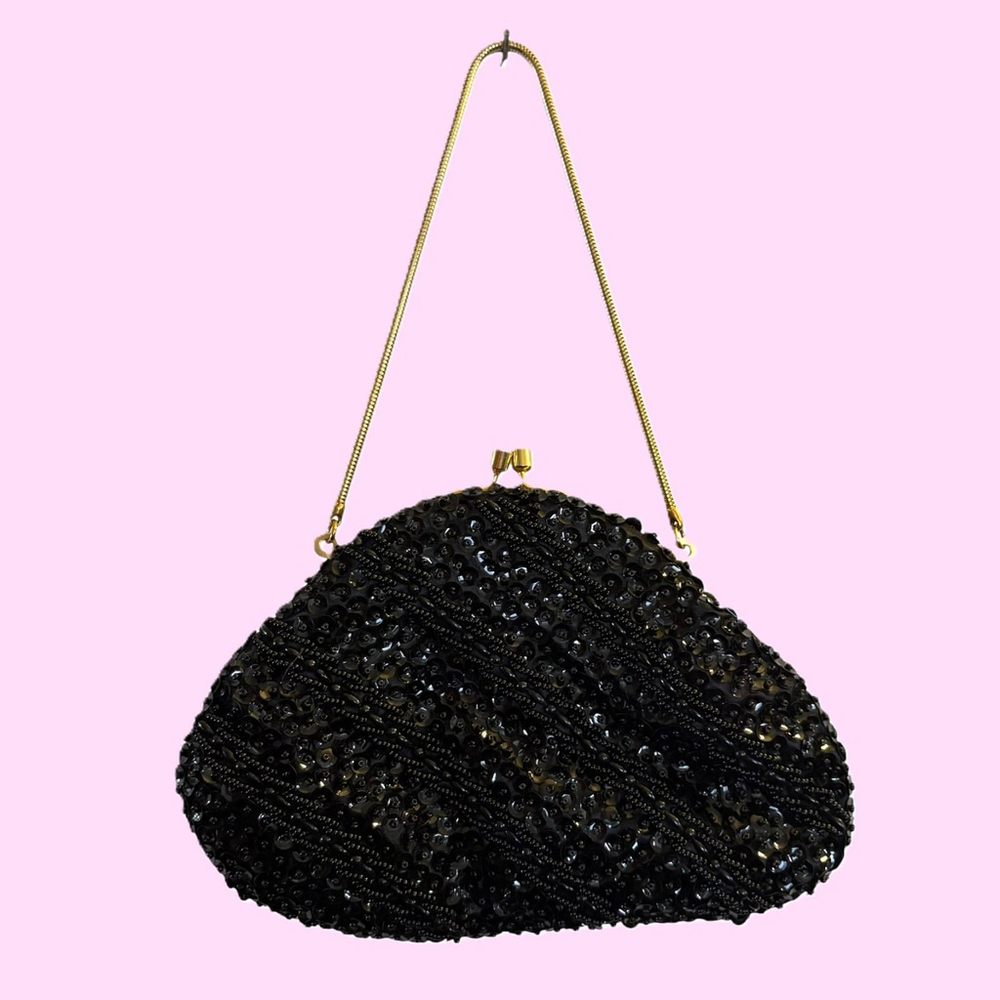 Vintage Black Beaded Sequin Clutch Bag 50s 60s
